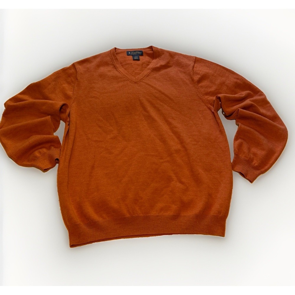 Brooks Brothers Merino Wool V Neck Sweater Men's L Rust Orange Vintage